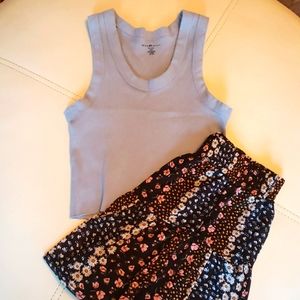 Black print skirt-BD Junior, size 1 &  a light blue crop top-Brandy Melville, xs